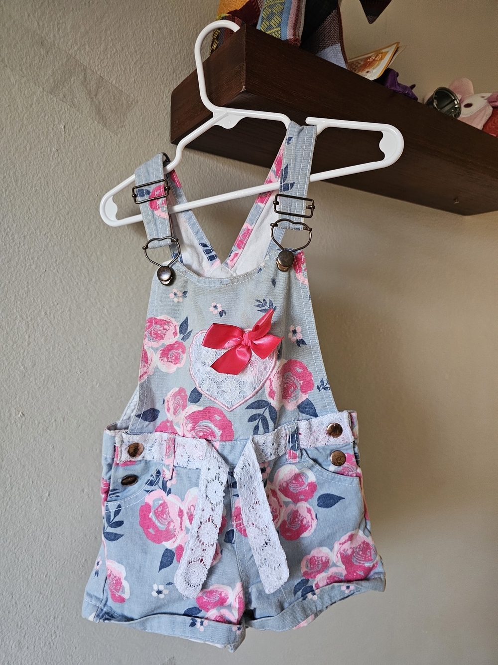Girl's Denim Short Overalls - Floral with Pink Bow
